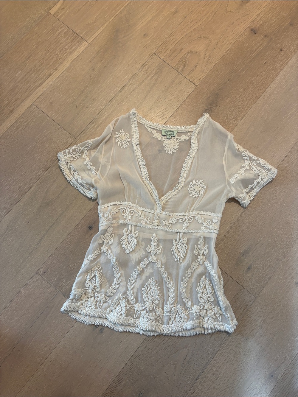 OLAY Sheer Embroidered V-Neck Blouse - Ivory
